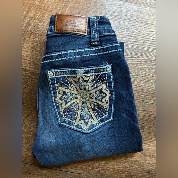Y JEANS Los Angeles Y2K denim low rise flare distressed bling pockets cross 3/4 - Picture 1 of 15